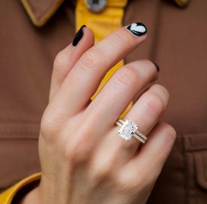 Radiant Cut Moissanite 2 Piece Gemstone <b>Ring</b> <b>Set</b> 18K Gold Plated 925 <b>Sterling</b> <b>Silver</b> Engagement Wedding Band Prong Setting - Product Image 2