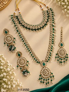 Juego de Joyería de Flores con Perlas y Baño de Oro, Collar y Aretes Verdes para Novia, para Bodas y Fiestas - Product Image 1