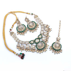 Bidaai Emerald Green Pearl Polki Bridal Necklace Set with Rose Cut Moissanite - Product Image 4