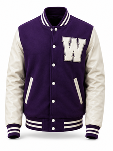 Unisex <b>Purple</b> <b>Varsity</b> <b>Jacket</b> for PU Sleeves Embroidered W Letter Patchwork Eco-Friendly Streetwear Turn-down Collar Winter - Product Image 1