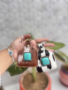 Custom Designer Hair on Hide Cowhide Leather <b>Keyrings</b> Genuine Leather Turquoise Stone Western Stylish Key Chain Hot Sale <b>Mini</b> Ba - Product Image 2