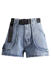 Shorts décontractés sur mesure en jean déchiré pour femme, taille haute, respirants, 100 % coton, avec cordon de serrage, style sportif, été, OEM ODM - Product Image 4
