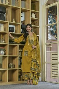 Ensemble Salwar Kameez en coton moutarde avec col et poches brodés, vêtements décontractés traditionnels indiens et pakistanais pour femmes - Product Image 3