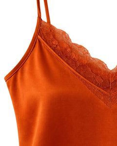 Burnt Orange Satin Camisole Shorts Set Women Sleepwear <b>Lace</b> Trim Spaghetti Strap Soft Breathable Summer Nightwear Pajama Set - Product Image 5