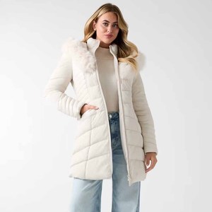 Women's Black Quilted Jacket Long Length With <b>Fur</b> <b>Trim</b> Hood Zipper Closure Full Sleeve Winter Outerwear Solid Color Thick - Product Image 4