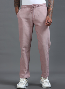 Premium Cotton <b>Trousers</b> For <b>Men</b> <b>Pink</b> Solid Relaxed Fit Mid Rise Regular Pants With Four Pockets Elasticated Waistband Drawstring - Product Image 1
