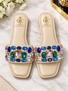 Mules plates beige à strass, sandales ouvertes, doublure en PU, tendance mode estivale, chaussures pour femmes - Product Image 1