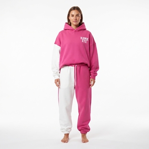 Ensemble sweat à capuche et jogging color block pour femme, rose et blanc, en molleton de coton, coupe décontractée, manches longues, deux pièces - Product Image 1