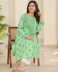 Women’s Mint Green Floral Embroidered <b>Kurti</b>, Long Sleeve Straight Fit Ethnic Indian Kurta, Traditional Casual & Festive Wear - Product Image 3