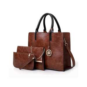 Brown 3 Piece PU Leather Bag Set Women Tote Handbag <b>Crossbody</b> <b>Purse</b> Wristlet Solid Color for Work Travel - Product Image 1