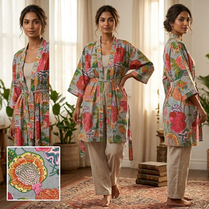 Bata Kimono de Algodón con Estampado Floral Gris para Mujer, Cuello en V, Manga Larga, Ropa de Estar por Casa, Bata de Baño con Cinturón Ajustable y Bolsillos - Product Image 6