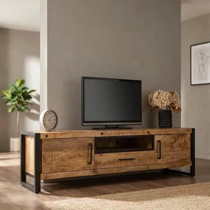 Mueble de TV de Madera Hecho a Mano con Dos Puertas y un Cajón, con Tiradores de Metal Negro, Mueble de Entretenimiento Rústico con Estante Abierto para Almacenamiento - Product Image 6