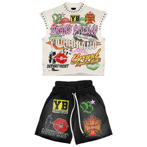 Conjunto de Camiseta y Pantalones Cortos con Estampado Gráfico de Dos Piezas para Hombre, Lavado Ácido, Verano, Logotipo Personalizado, Transpirable, 100% Algodón, Chándal Personalizado - Product Image 1