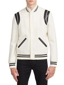 Blouson universitaire blanc pour homme en laine/polyester avec empiècements aux épaules, col montant, coupe droite, simple boutonnage, décontracté, enduit, pour le printemps - Product Image 2