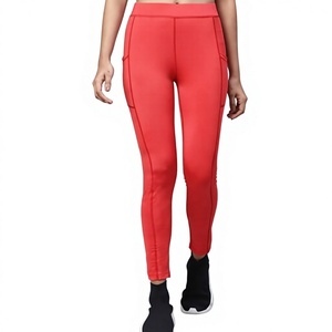 Leggings de sport pour femme, taille haute, sans couture, rouge, longueur intégrale, extensibles, respirants, en Spandex et Nylon tricoté, couleur unie - Product Image 1