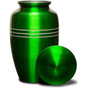 Urna Funeraria Metálica Verde Esmeralda con Diseño de Triple Banda Plateada y Tapa Segura para Cenizas de Adultos - Product Image 1