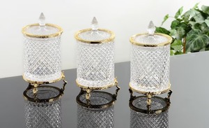 Elegant Metallic <b>Glass</b> Jar With Ring Handle Lid Premium Decor Designer Clear <b>Glass</b> Storage <b>Container</b> With Gold Silver Finish - Product Image 6