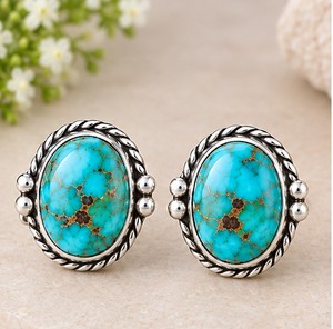 Muhave Turquoise <b>Silver</b> <b>Stud</b> Earrings, 925 <b>Sterling</b> <b>Silver</b> Turquoise <b>Studs</b>, Oval Blue Gemstone Earrings, Boho Southwestern - Product Image 2
