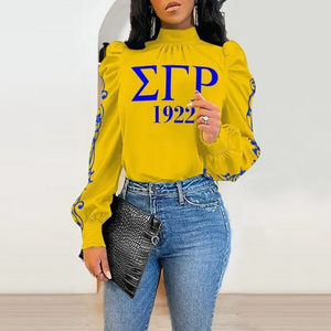 Women's Yellow Puff Sleeve Blouse High Neck <b>Long</b> Sleeve Fashion <b>Top</b> with Blue Greek Letter Print and Gathered Neckline - Product Image 1