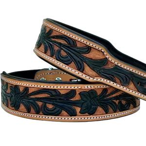 Vente en gros de collier de chien en cuir à fleurs courbé usiné à la main de style occidental personnalisé laisse pour animaux de compagnie en cuir véritable avec motif imprimé - Product Image 1