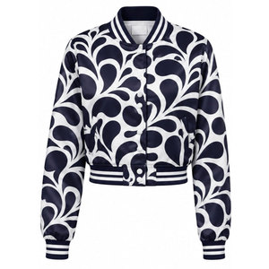 Navy White Floral Print Varsity <b>Jacket</b> Women's <b>Short</b> Crop Bomber Coat Full <b>Sleeve</b> Turn-down Collar Polyester Autumn Style - Product Image 2