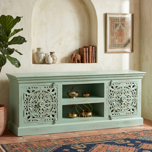 Mint Green Wood <b>TV</b> <b>Stand</b> with Carved Panels and Storage Living Room Furniture Mediterranean Style Antique Design - Product Image 1