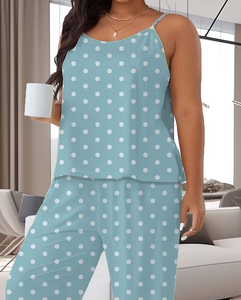 Women Polka Dot Pajama Set Sleeveless Knitted Sleepwear Full Length Pants Elastic Waist Soft Summer Casual Loungewear - Product Image 2