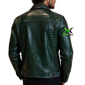 VANTEX SPORTS Blouson de moto en cuir véritable gaufré effet peau de serpent vert pour homme, col montant, fermeture éclair simple - Product Image 2