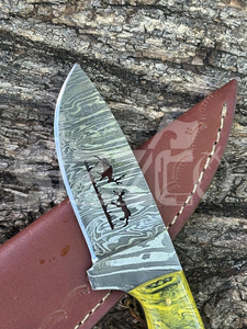 Cuchillo de caza OEM Wirecut de acero de Damasco, cuchillo Skinner con mango de resina, hoja fija para camping, cuchillo EDC para exteriores con funda de cuero - Product Image 3