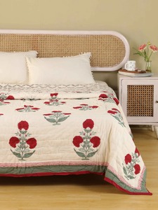 Couvre-lit en coton brodé traditionnel, motif floral rouge, décoration d'intérieur toute saison, ensemble de literie - Product Image 2