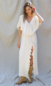 Nuevo Vestido Largo Maxi Elegante de Crepé para Mujer, Cuello en V, Manga Corta, Liso, Teñido, Sexy, a la Moda, Largo hasta el Suelo, Natural - Product Image 2