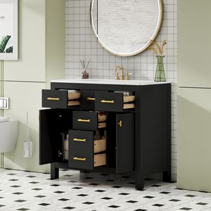 Mueble de Baño Moderno Independiente de 36 Pulgadas con 4 Cajones y 2 Gabinetes, Conjunto Combinado de Mueble de Baño Individual con Lavabo de Cerámica - Product Image 3