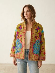 Women's Vintage Hand Embroidered Quilted Cotton Jacket Mandarin Collar Full Sleeve Floral Winter Autumn Outerwear <b>Coat</b> - Product Image 2