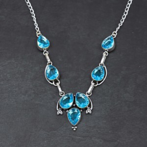 Customized Handmade Blue Topaz Lab Created Pear Freshwater Pearl Sterling Silver 18 Inch Luxury Wedding Gift Necklace For Women - Product Image 2