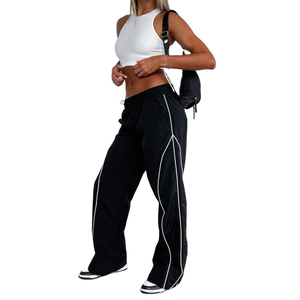 <b>Women</b> Casual White Crop Tank Top And Black Piping Wide Leg Sweatpants Set Activewear Tracksuit - Product Image 4