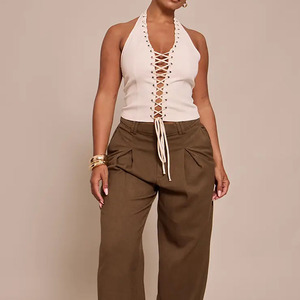 High Quality Faux Suede Women's Beige Halter Corset Top Lace-<b>Up</b> Front Tummy Control Shapewear Breathable Daily Wear Women Top - Product Image 5