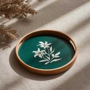 Plateau de rangement rond en bois fait main avec gravure florale, surface verte, style minimaliste, pour table, provenance Inde - Product Image 1