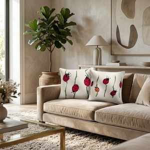 Charming Ladybug Embroidered 100% Cotton Throw <b>Pillow</b> - Whimsical Garden Motif <b>Decorative</b> Cushion Case for Elegant Couches - Product Image 1
