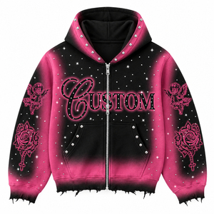 Sudadera con Capucha Personalizada de Gran Tamaño con Pedrería, de Felpa de Poliéster/Algodón, con Estampado Gótico, Cierre de Cremallera, Unisex, Estilo Urbano, con Serigrafía - Product Image 3