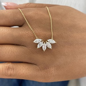 <b>Solid</b> Yellow <b>Gold</b> Marquise Cut Diamond Cluster <b>Pendant</b> Necklace in Prong Setting Everyday Charm Handmade Jewelry Gift for Women - Product Image 1