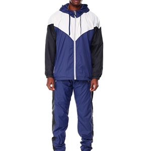 Ensemble de survêtement décontracté unisexe écoresponsable à capuche, coupe-vent, avec blocs de couleur et fermeture éclair intégrale, bleu/noir/blanc, polyester/coton - Product Image 2