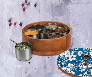Wooden <b>Spice</b> Box Masala Dabba Masala Dani with Printed Ethnic Design Stainless Steel <b>Spice</b> <b>Jars</b> Kitchen Storage Organ - Product Image 2