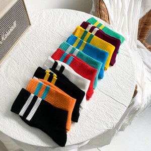 Calcetines de Mujer a Rayas, Mezcla de Algodón Transpirable, para Uso Diario, Primavera, Tejido de Grosor Estándar, Estilo Regular - Product Image 2