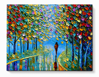 Peinture sur toile texturée Impasto, sentier de parc d'automne avec figure, paysage abstrait d'arbre, art mural pour la maison ou le bureau