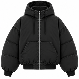 Blouson d'hiver matelassé personnalisé pour femme en polaire épaisse délavée à l'acide, avec capuche zippée, épaules tombantes, couleur unie et logo frontal - Product Image 1