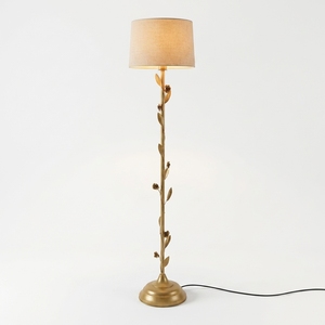 Elegant Gold Metal Floor Lamp with <b>Leaf</b> Decor & Fabric Shade Modern Standing <b>Light</b> for Living Room Bedroom Diwali Wedding Decor - Product Image 1