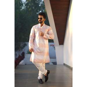 BORDADO DE ALGODÓN A LA MODA ESTAMPADO PARA HOMBRE KURTA CON PAYJAMA MELOCOTÓN CON BLANCO - Product Image 1