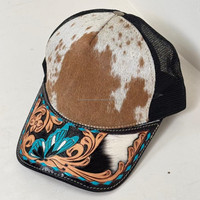 Topi Trucker kulit sapi kerajinan tangan, topi jala dapat diatur dengan tepi kulit sentuh tangan gaya Barat, topi desain kulit sapi unik