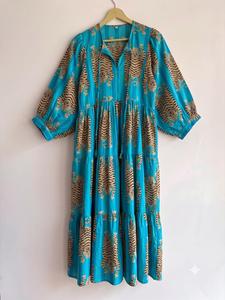 Robe longue décontractée d'été pour femme, imprimé bloc turquoise motif tigre, col en V, manches bouffantes, coupe ample bohème, tissée, tendance - Product Image 1