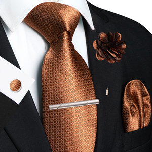 Corbatas a cuadros marrones y amarillas para hombre, conjunto de lujo de corbata de seda de 8 cm, pajarita, pañuelo de bolsillo y gemelos, accesorios para negocios, fiestas y bodas - Product Image 2